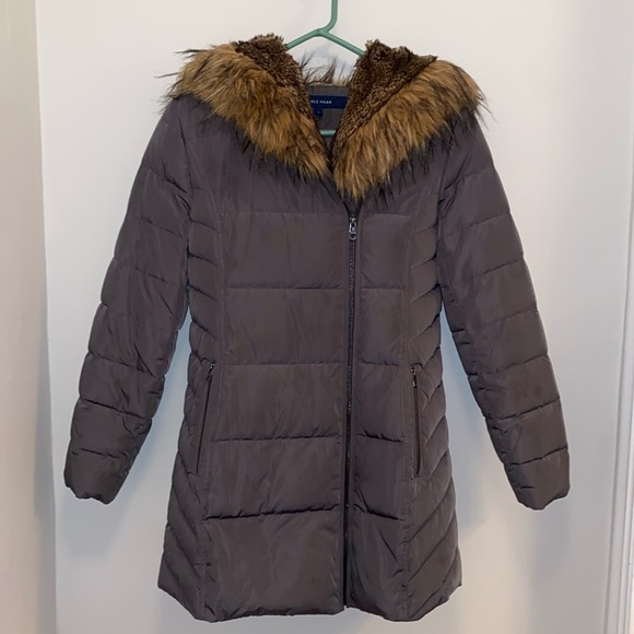Cole Haan Faux Fur Trim Gray Hooded Puffer Coat - Picture 2 of 8